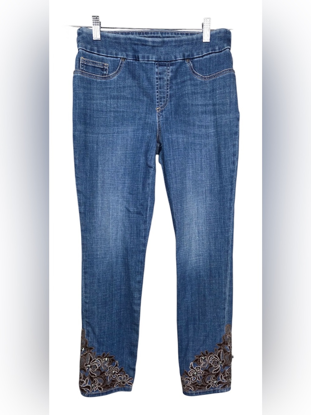 Chico's Midwash Blue Cropped Jeans with Embroidered & Gem Hem 💕
